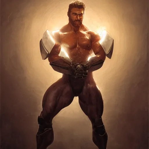 Prompt: handsome portrait of a spartan guy bodybuilder posing, radiant light, caustics, war hero, metal gear solid, ghost in the shell, steel bull run, by gaston bussiere, bayard wu, greg rutkowski, giger, maxim verehin