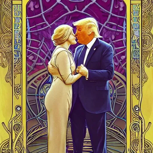 Prompt: donald trump kissing joe biden | highly detailed | very intricate | art nouveau | gold filigree | romantic storybook fantasy | soft cinematic lighting | award - winning | disney watercolor illustration by mandy jurgens and alphonse mucha and alena aenami | pastel color palette | featured on artstation