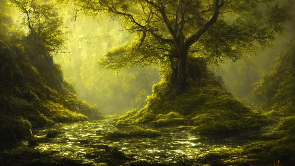 Image similar to A beautiful, highly detailed, very realistic oil painting of a single tree with lots of golden and bright glowing green leaves, next to a small river made of pure gold in the middle of a huge, very dark cave, with lots of dark grey rocks, oil painting by Greg Rutkowski.