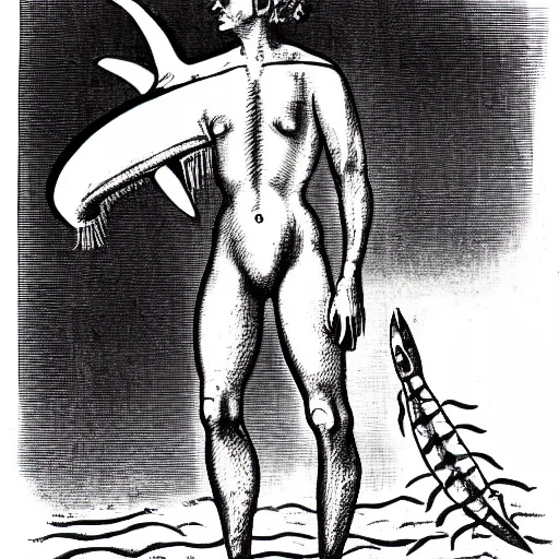 Prompt: a 1 9 2 8 scientific illustration of a shark with human legs walking on the beach