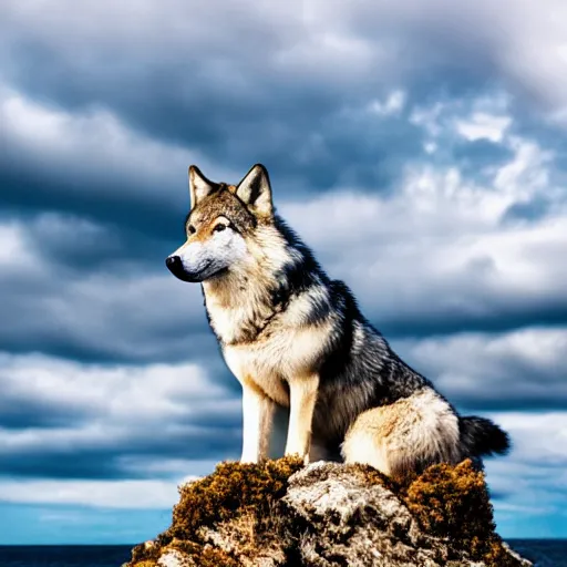 Prompt: professional photograph of a wolf standing on an island, blue clouds, highly detailed, high quality, HD, 8K