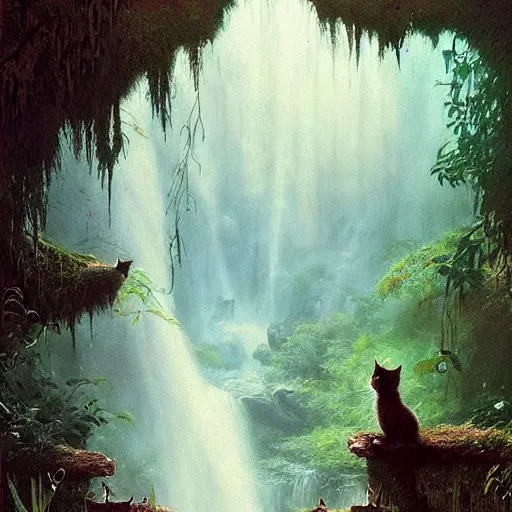 Image similar to two kittens watching the waterfall in the enchanted forest, fantasy, intricate, extremely detailed, matte, artstation, art by greg rutkowski, louis wain, alan lee