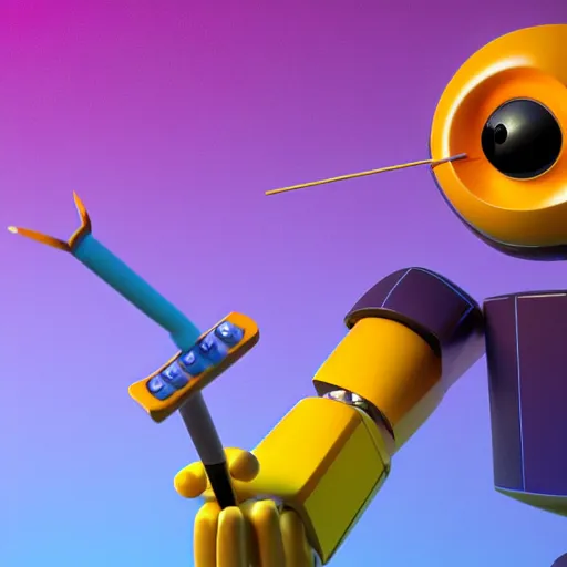 Image similar to a photorealistic 3 d render made in blender of a colourful friendly robot being poked in the eye by a man with a stick. background is a purple gradient