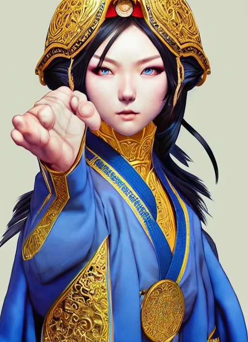 Prompt: manchurian martial artist!!!! blue eyes!! intricate ornate blue robes!! character concept art, sharp focus, octane render! unreal engine 5! highly rendered!! trending on artstation!! detailed linework!! illustration by artgerm, wlop, and chie yoshii