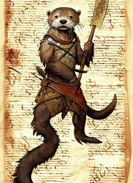 Image similar to a heroic otter scout with spear on a parchment background, redwall, greg rutowski and jean baptiste monge, detailed, epic fantasy concept art