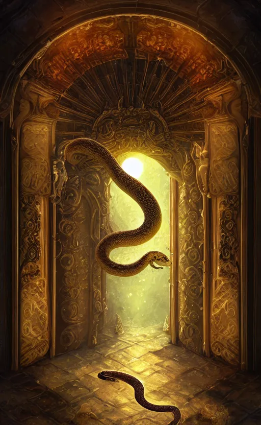 Image similar to a ornamental gate into space a snake emerges from it, ornament, intarsia, portal, doorway, dynamic lighting, ambient lighting, atmospherical, photorealistic fantasy concept art, trending on art station, stunning visuals, creative, cinematic, ultra detailed