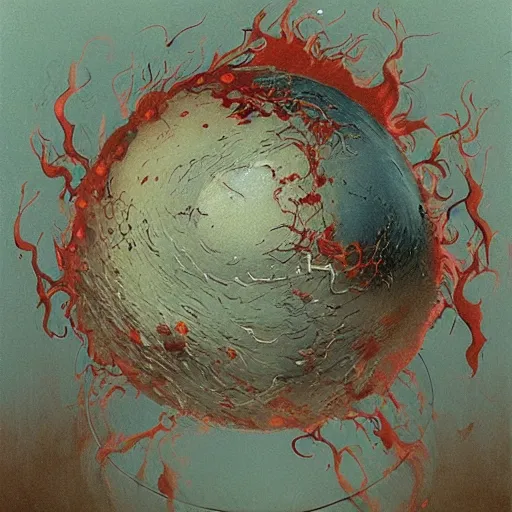 Image similar to a sphere being devoured by abstract splatters of paint in the style of francis bacon, venus being engulfed in flames in the style of james jean, surreal, beksinski, high detailed