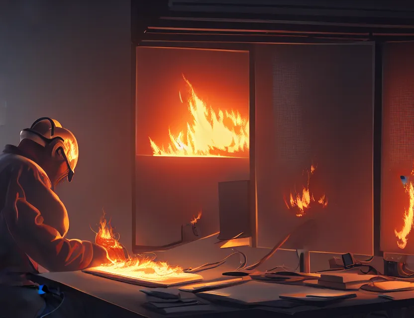 Image similar to a man works at a workstation in a big office with burning fires, close up, featured in artstation, intricate, ultra detailed, unreal engine, concept art, wide - angle lens, sharp focus, illustration, 8 k