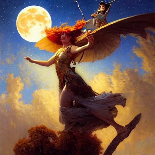 Image similar to witch flying, trough the night, fantasy, full moon in background. highly detailed painting by gaston bussiere, craig mullins, j. c. leyendecker 8 k