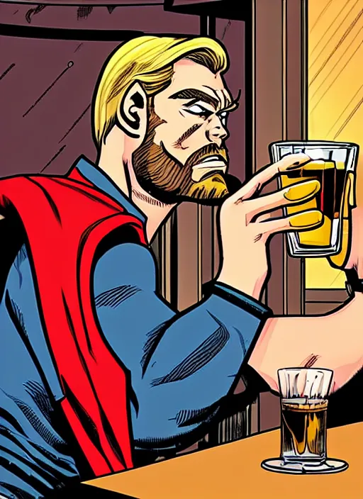 Prompt: Comic book Thor sitting at a bar staring into a glass of whiskey, graphic art