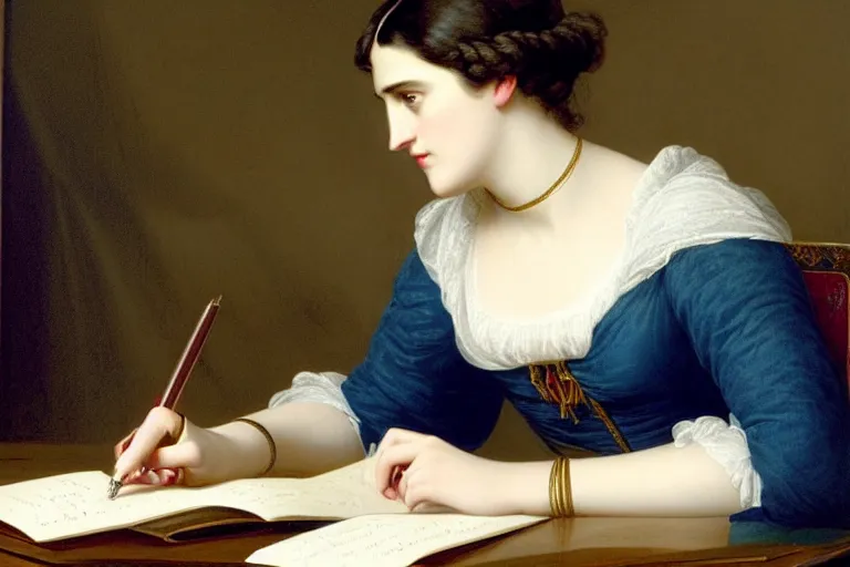 Image similar to 1 8 1 0 s katie mcgrath writing at her desk by vittorio reggianini, bright godray lighting, perfectly detailed eyes, colorful clothes, beautiful hands, pale skin, clear face