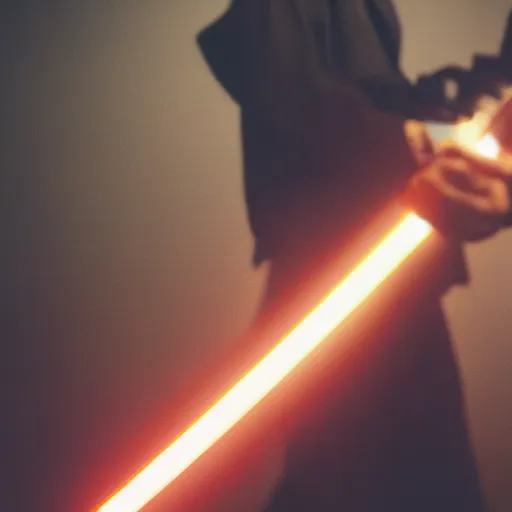 Image similar to a man holding a real life lightsaber in a dark room, 4k, high detail, high-resolution photograph, professional photography, ultra-detail