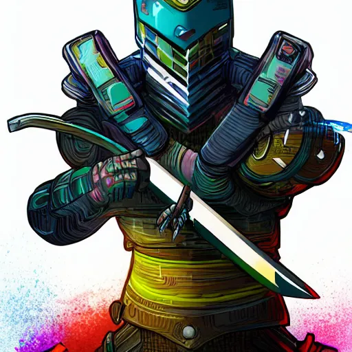 Image similar to katana zero video game character, huge sword, futuristic full body armor, cyborg, synthwave art, colorful, digital art, thiago lehmann