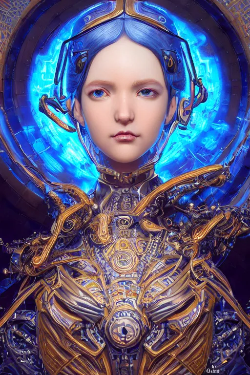 Image similar to Portrait of a psychedelic sci-fi goddess, third person, D&D, sci-fi fantasy, intricate, blue and gold, highly detailed , art by Range Murata, highly detailed, 3d, octane render, bright colors, digital painting, trending on artstation, sharp focus, illustration style of Stanley Artgerm,