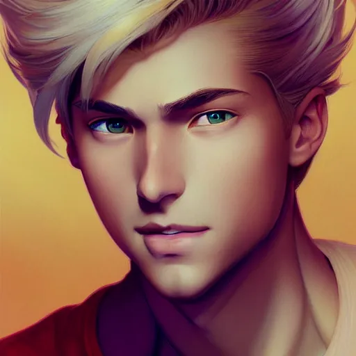 Image similar to young man with short, ash blond hair, path traced, highly detailed, high quality, digital painting, by don bluth and ross tran and studio ghibli and alphonse mucha, artgerm, 4 k, fantasy painting, pixar animation style, rossdraws, wlop, sylvain sarrailh