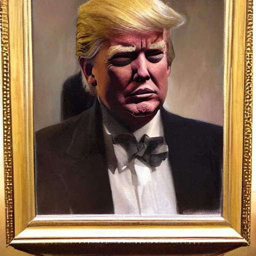 Prompt: detailed portrait of donald trump in black suit, spring light, painting by gaston bussiere, craig mullins, j. c. leyendecker