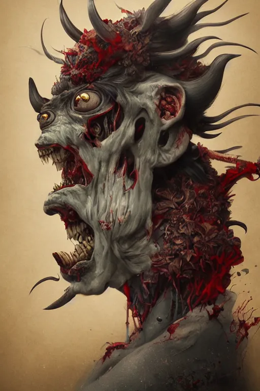 Image similar to a portrait of a zombie japanese devil animal illustrated by miyazaki by karol bak, james jean, tom bagshaw, rococo, sharp focus, trending on artstation, cinematic lighting, hyper realism, octane render, 8 k, hyper detailed, vivid, ultra detailed, highly detailed