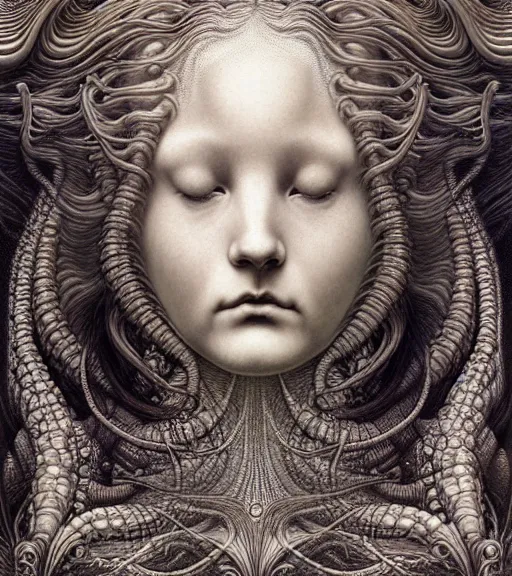 Prompt: detailed realistic beautiful cloud goddess face portrait by jean delville, gustave dore, iris van herpen and marco mazzoni, art forms of nature by ernst haeckel, art nouveau, symbolist, visionary, gothic, neo - gothic, pre - raphaelite, fractal lace, intricate alien botanicals, ai biodiversity, surreality, hyperdetailed ultrasharp octane render