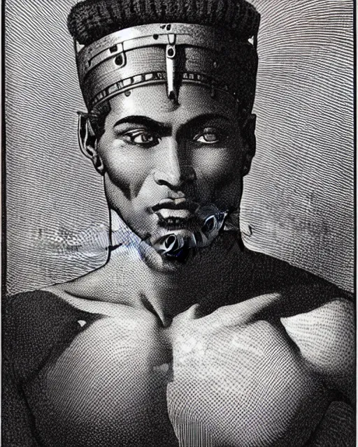 Prompt: 19th century wood-engraving of a clean shaven muscular Egyptian man named Muhammad Avdol, whole page illustration from Jules Verne book titled Stardust Crusaders, art by Édouard Riou Jules Férat and Henri de Montaut, frontal portrait, high quality, beautiful, highly detailed, removed watermarks