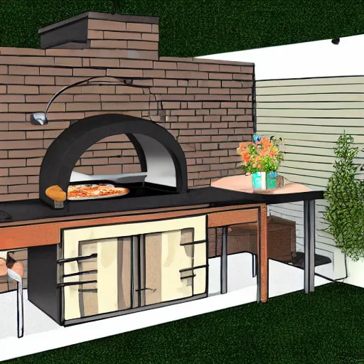 Image similar to new concept for small outdoor open kitchen design with grill and pizza oven, designer pencil sketch, HD resolution