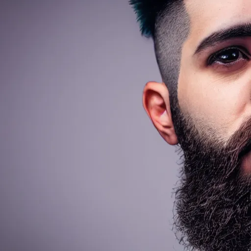 Image similar to a portrait of a queer man with short stylish purple hair and a brown trimmed beard, 4k, photorealistic, shallow depth of field