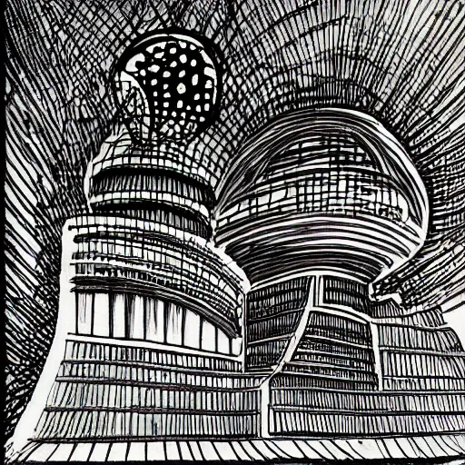 Image similar to a black ink sketch of a alien civilization srchitecture