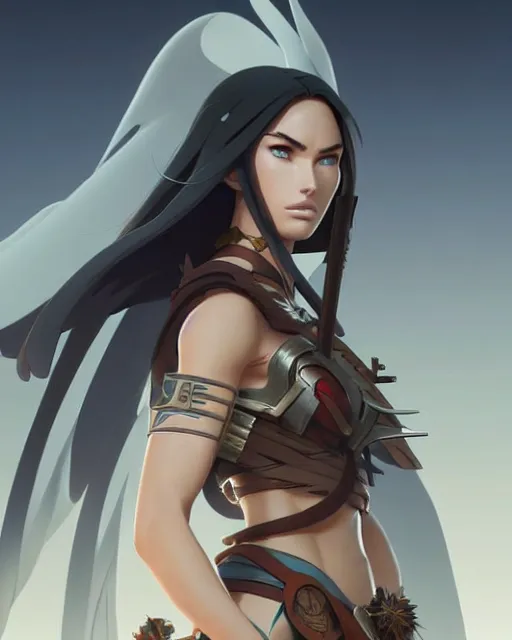 Image similar to azctec warrior, megan fox, detailed perfect face, exquisite details, fire magic, mid view, design on a white background, by studio muti, greg rutkowski makoto shinkai takashi takeuchi studio ghibli