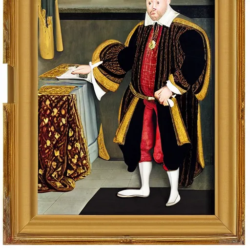 Image similar to king henry viii building a pc computer electronics screen keyboard case, wearing a crown and royal robes, 17th century detailed oil painting with a gilded frame