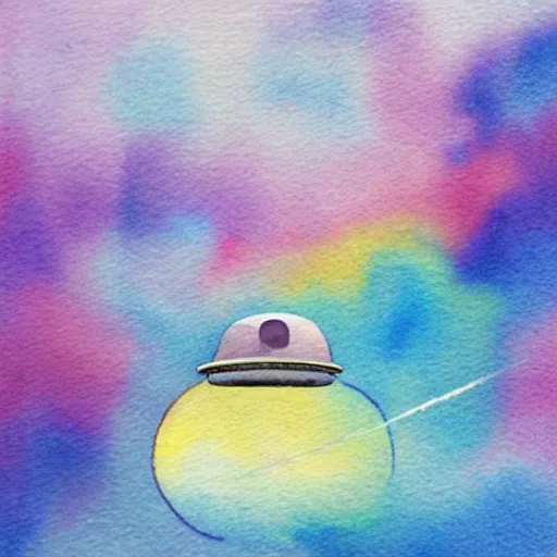 Image similar to low - angel view from 1 0 0 0 meters distance, cute uap interstellar vehicle on top of an ephemeral rainbow in the sky, muted watercolor. minimalist, detailed, heavy under paint, muted colors. ue 5