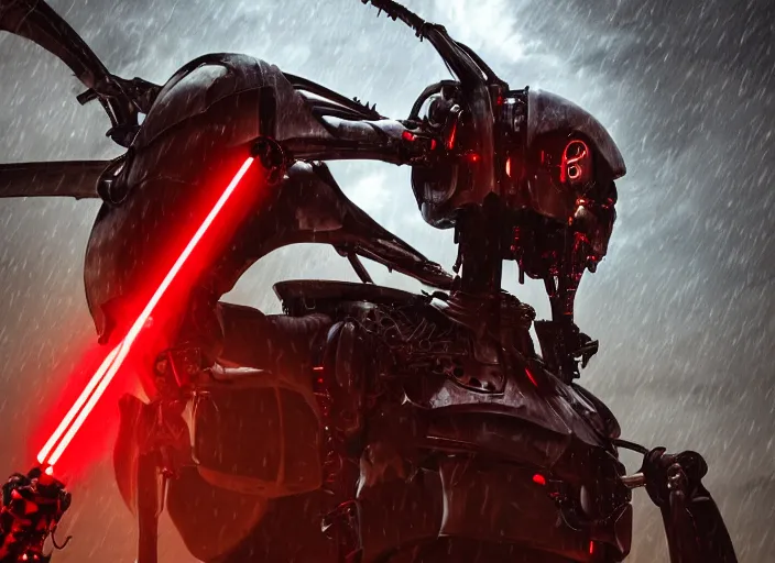 Prompt: portrait photo of general grievous with heavy duty biomechanical cybernetic body with 4 arms holding 4 activated red lightsabers in the rain. cyberpunk horror style.