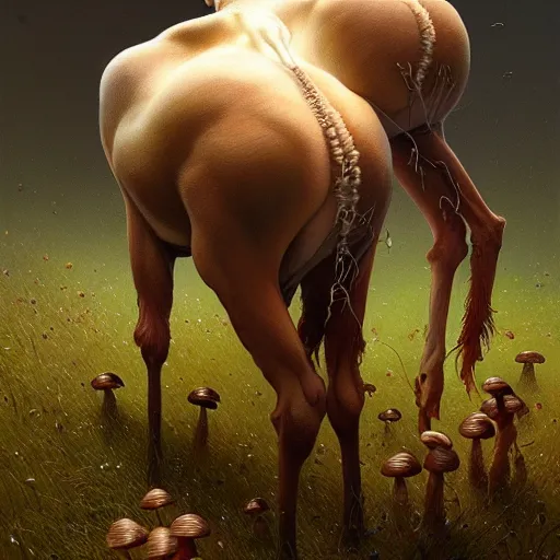 Prompt: photo of a many mushrooms sprouting from a cow's back. highly detailed, digital painting, artstation, smooth, sharp focus, masterpiece, illustration, art by greg rutkowski and alphonse mucha