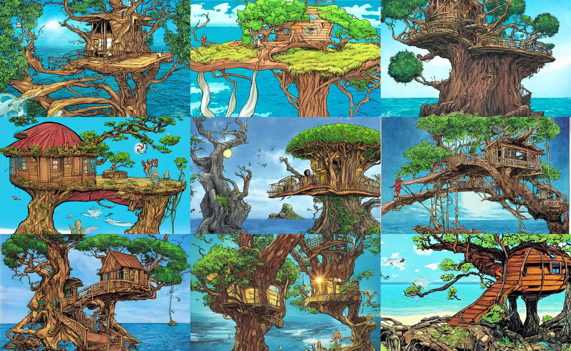 Prompt: comic book art of a mystical island treehouse on the ocean