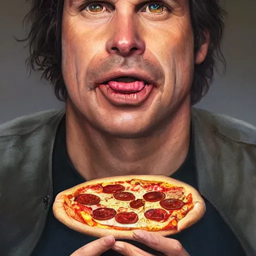 Image similar to portrait of Bill Paxton opening his mouth to eat pizza, highly detailed, digital painting, artstation, concept art, sharp focus, illustration, art by artgerm and greg rutkowski and alphonse mucha