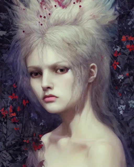 Image similar to a beautiful but creepy young woman in layers of fear, with haunted eyes, violence in her eyes, crazy white hair, wearing vivienne westwood, 1 9 7 0 s, seventies, delicate embellishments, a little blood, woodland, moonlight shining on wildflowers, painterly, offset printing technique, by alexandre cabanel