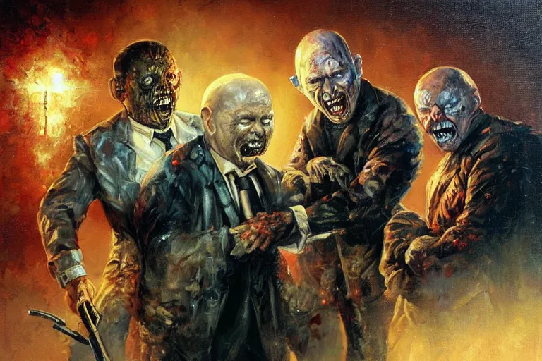 Image similar to portrait of tom atkins and donald pleasents fighting a zombie, an oil painting by ross tran and thomas kincade