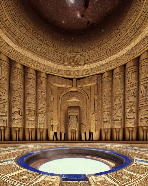 Image similar to greg rutkowski digital painting of an ornate and royal egyptian antechamber tomb, a circular pool in the tomb showing the galaxy, unreal engine, hyper realism, realistic shading, cinematic composition, blender render, octane render, hdr, detailed textures, photorealistic, ultrawide shot, 3 5 mm film