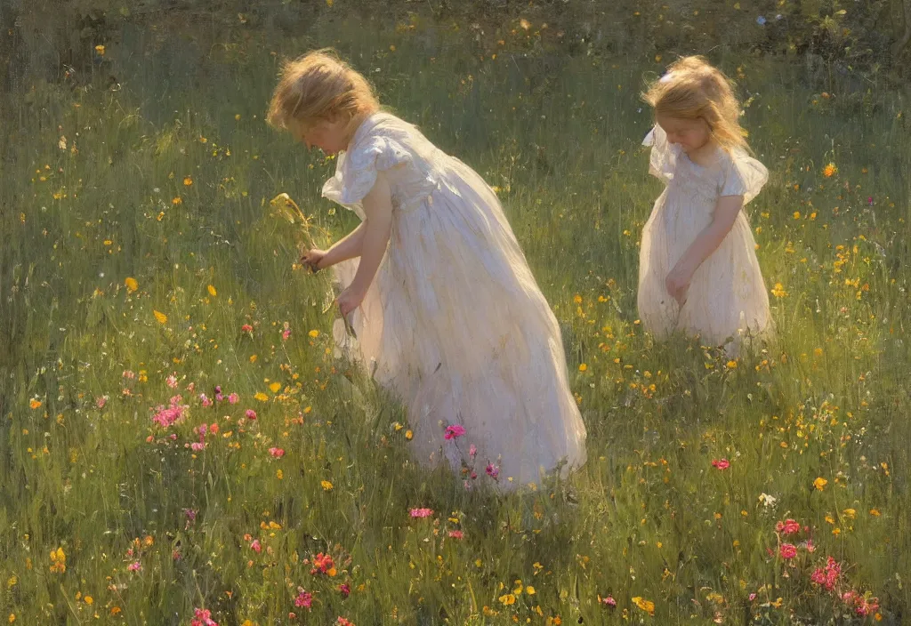 Prompt: little girl in summer dress plucking wild flowers, sunlight, shadows, notan, jeremy lipking joseph todorovitch