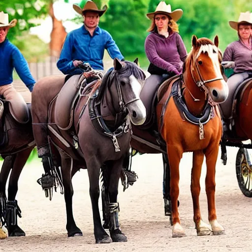 Image similar to Western, people on horses with wheels instead of legs