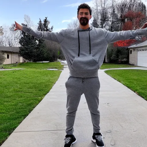 Prompt: Rocco Botto wearing gray sweatshirt and gray sweatpants and gray 👟 standing in a T-pose on a suburban residential street.