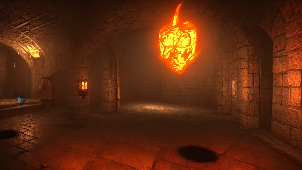 Image similar to delicious torch lit prison dungeon jail cell atmospheric unreal engine hyperreallistic render 8k character concept art masterpiece screenshot from the video game the Elder Scrolls V: Skyrim orange flame global illumination