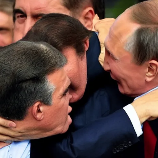 Image similar to vladimir putin kissing jair bolsonaro, very detailed