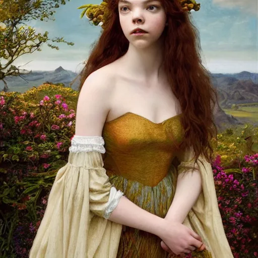 Prompt: a stunning pre - raphaelite portrait of anya taylor - joy as the capricious queen of elfland, aesthetic masterpiece, oil on canvas