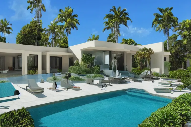 Image similar to 30 million dollar villa in Hollywood, beautiful architecture, pools, palmtrees, very detailed photorealistic advertisement photo