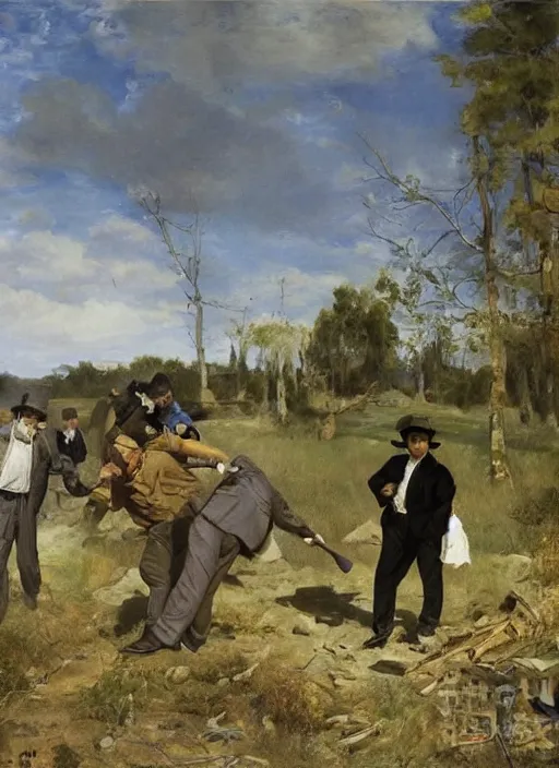 Prompt: artwork painting of the members of the mafia dumping a body by eugene von guerard, ivan shishkin, john singer sargent