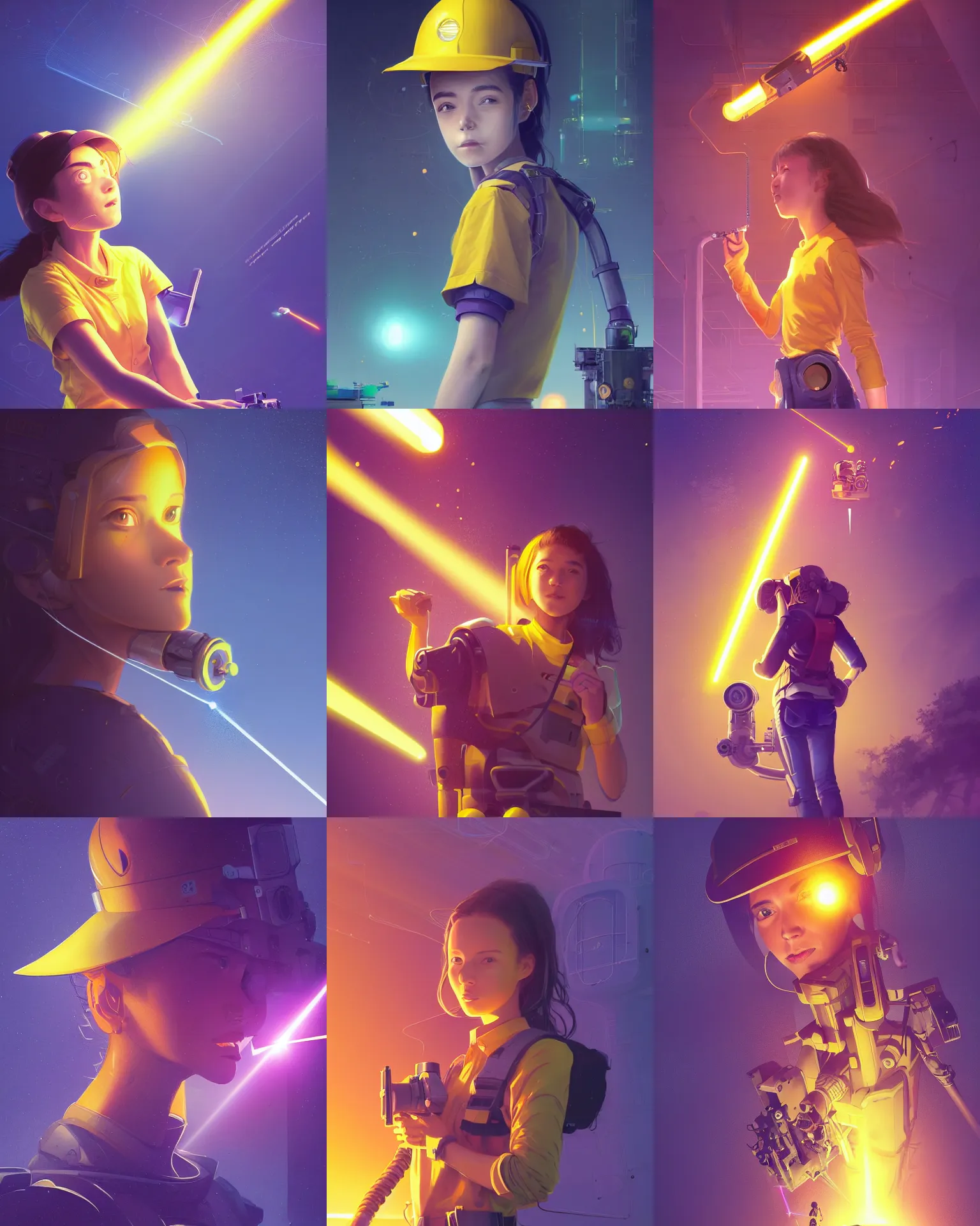 Prompt: portrait of a girl engineer with a baggy yellow shirt and a mechanical robodog turret shooting lasers, light dust, magnificent, close up, gradiant orange to purple, triangles in background, details, sharp focus, elegant, highly detailed, illustration, by Jordan Grimmer and greg rutkowski and PiNe(パイネ) and 薯子Imoko and 香川悠作 and wlop and maya takamura, intricate, beautiful, Trending artstation, pixiv, digital Art