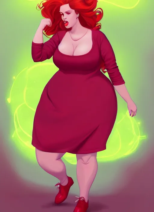 Image similar to full body portrait of teenage cheryl blossom, obese, bangs, green eyes, sultry, realistic, red hair, sultry smirk, wavy hair, pink skirt, fat, intricate, elegant, glowing lights, highly detailed, digital painting, artstation, concept art, smooth, sharp focus, illustration, art by wlop, mars ravelo and greg rutkowski