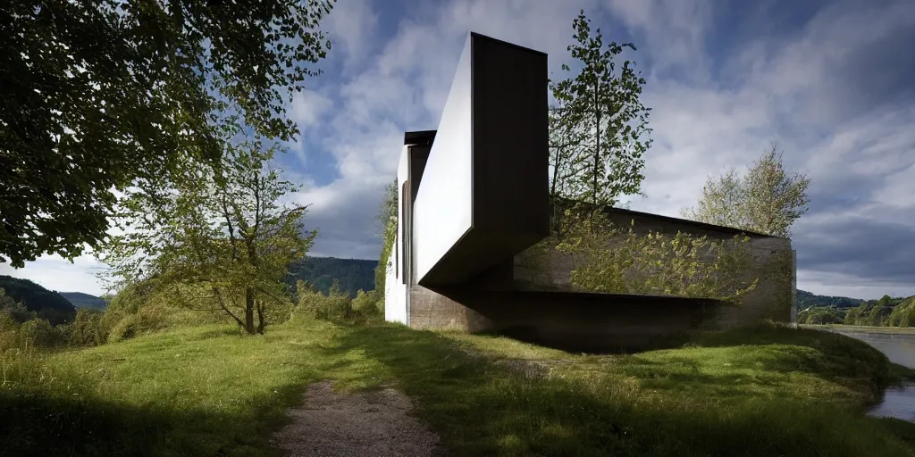 Image similar to a house by the river rhein close to mumpf designed by peter zumthor, beautiful ambient light, silver hour