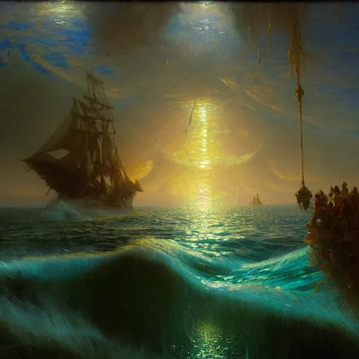 Image similar to point of view of deep in the ocean looking up, you see fishes, higher up you see very clearly the milk way illuminating the sea down bellow, night time. highly detailed painting by gaston bussiere, greg rutkowski 8 k