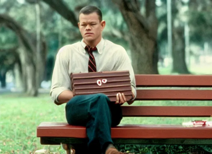 Image similar to film still of matt damon as forrest gump sitting on a bench with a box of chocolates in forrest gump, 4 k