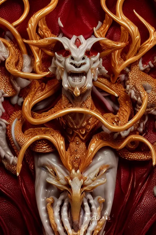 Image similar to a closeup portrait photo, alabaster and ruby real delicate ceramic porcelain sculpture of an ornate detailed humanoid dragon demon devil god in front of an intricate background by rafael, micro detail, backlit lighting, subsurface scattering, translucent, thin porcelain, fire, flames, amber, octane renderer, colorful, physically based rendering, trending on cgsociety